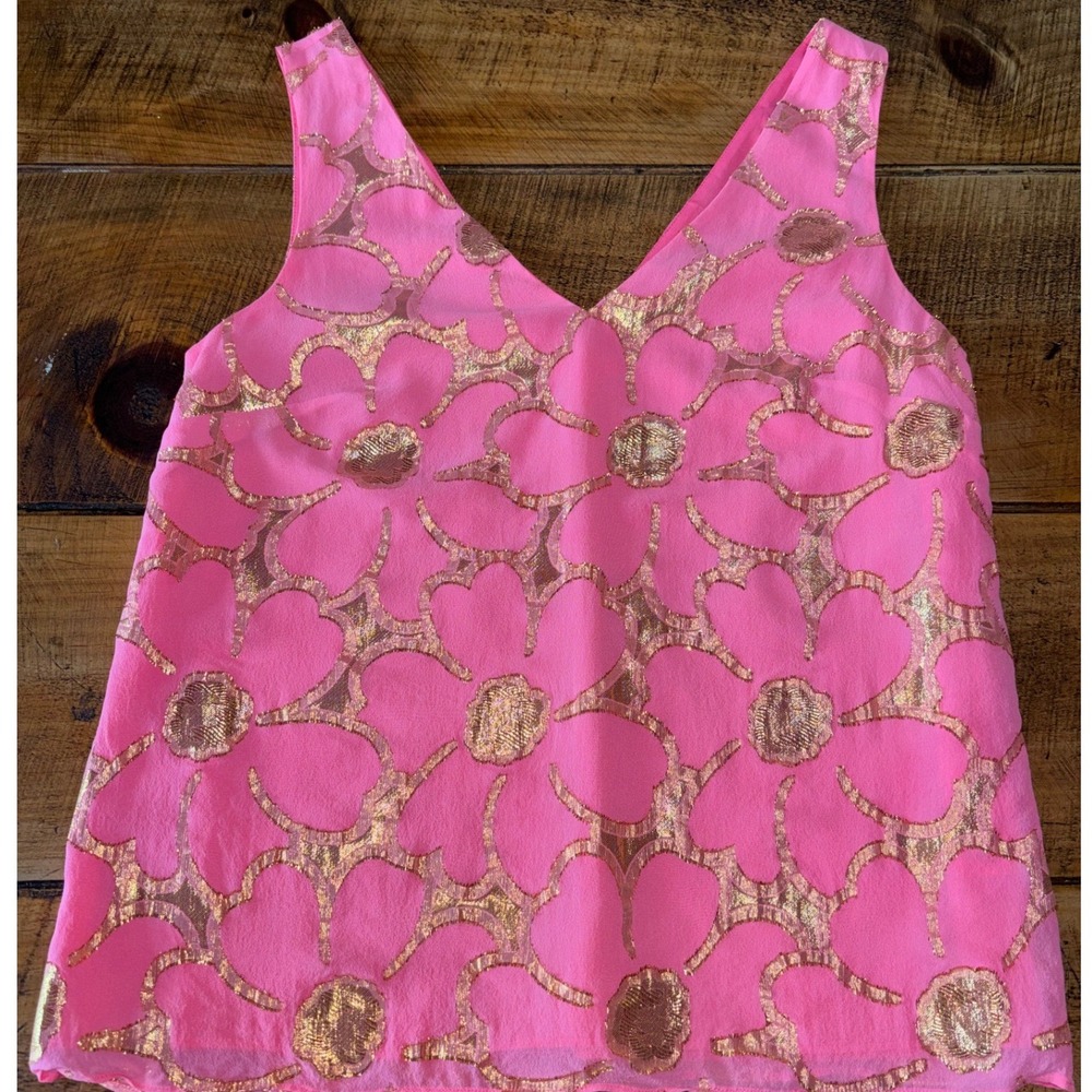 Lilly Pulitzer Womens Pink Metallic Floral Silk Blouse Tank Top Size Small